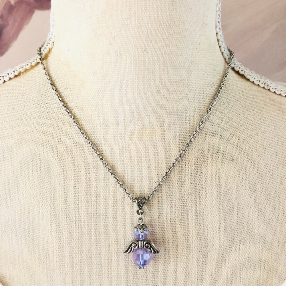Faceted lilac glass crystal double sided Angel pendant on chain necklace
